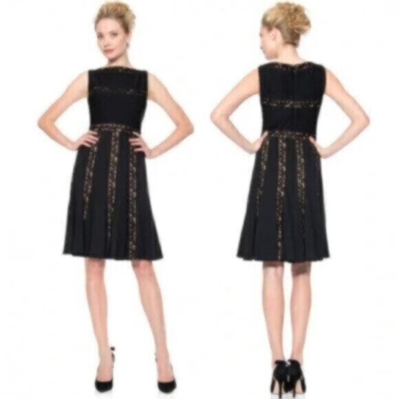 Tadashi Shoji Black and Tan Pintuck Jersey Lace Knee Length Dress - Picture 1 of 8